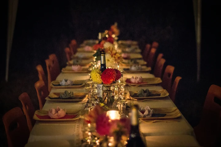An elegant restaurant set for evening service